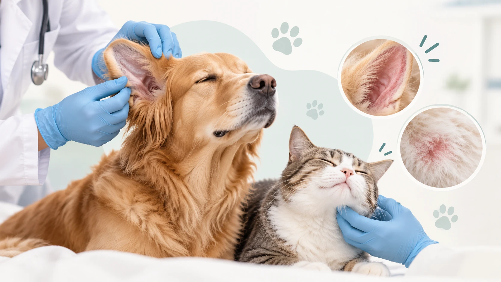 Veteriner hekim köpeğin kulağını ve kedinin derisini muayene ediyor
